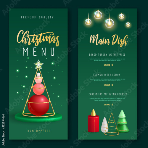 Christmas holiday restaurant menu design with realistic 3D plastic Christmas trees. Vector illustration