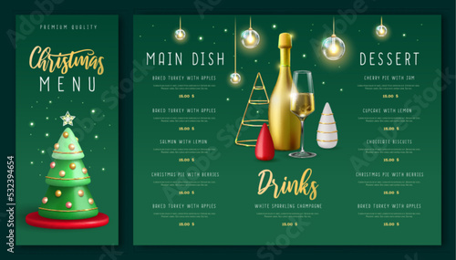 Christmas holiday restaurant menu design with realistic 3D plastic Christmas trees and champagne bottle. Vector illustration