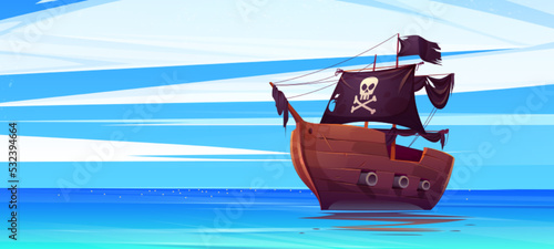 Foto Pirate ship with black flag and and jolly roger on sails