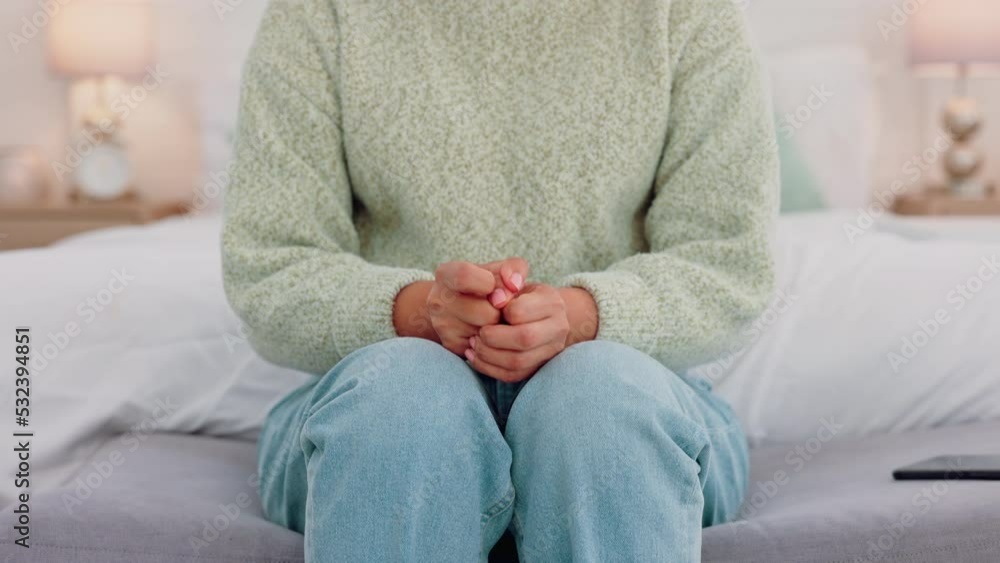 Stress, anxiety and hands of woman on a bed, suffering from mental health problem, addiction and fear. Abuse, afraid and closeup phobia with female feeling nervous and worried, fear danger in bedroom Stress, anxiety and hands of woman on a bed, suffering from mental health problem, addiction and fear. Abuse, afraid and closeup phobia with female feeling nervous and worried, fear danger in bedroom