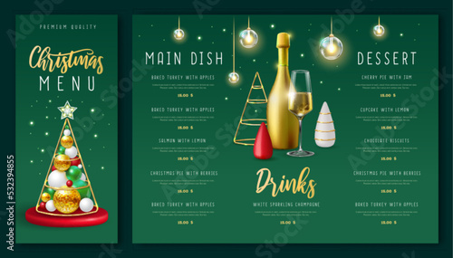 Christmas holiday restaurant menu design with realistic 3D plastic Christmas trees and champagne bottle. Vector illustration