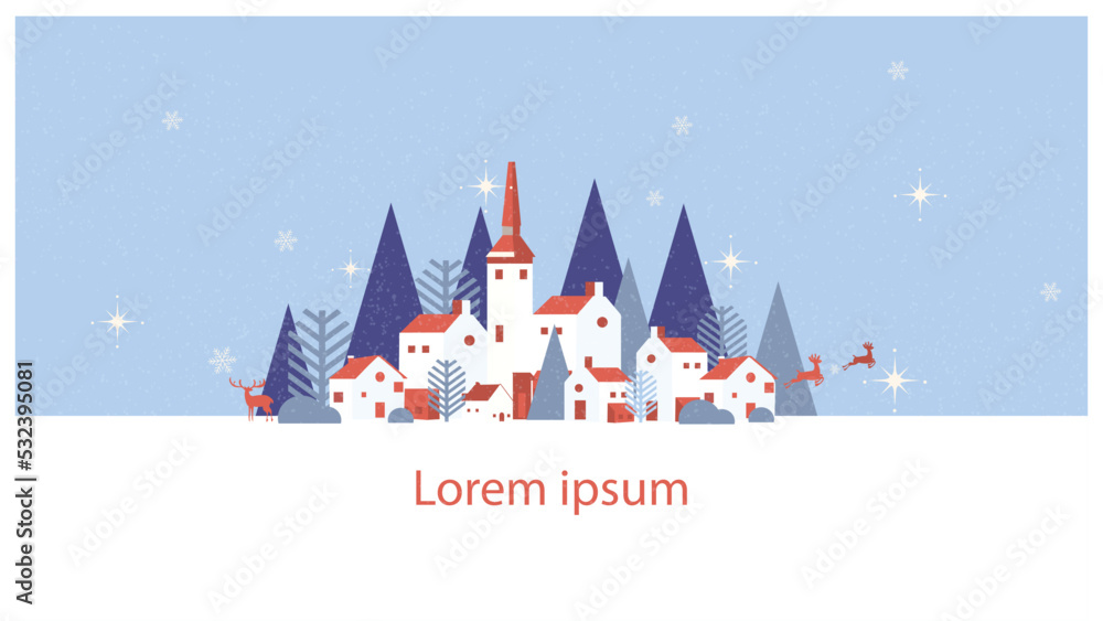Vector illustration of Countryside landscape in winter,banner of mountain village with castle.The blue  mountains or hill with snowman,church,antelope. deer and christmas tree