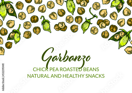 Colorful horizontal chickpeas design. Hand drawn illustration in colored sketch style. Botany design for packaging, label, banner, poster