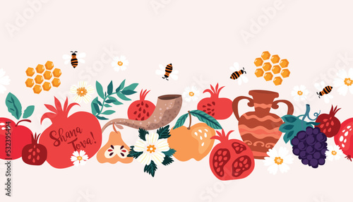 Photos Rosh hashanah , Shana Tova - jewish new year holiday seamless border pattern vec