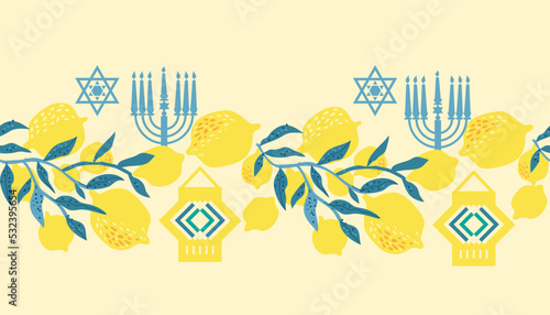 Happy Sukkot border seamless pattern template background . Jewish Feast of Tabernacles with sukkah, lemon, etrog, lulav, Arava, Hadas  Vector icon illustration