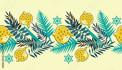 Happy Sukkot border seamless pattern template background . Jewish Feast of Tabernacles with sukkah, lemon, etrog, lulav, Arava, Hadas  Vector icon illustration