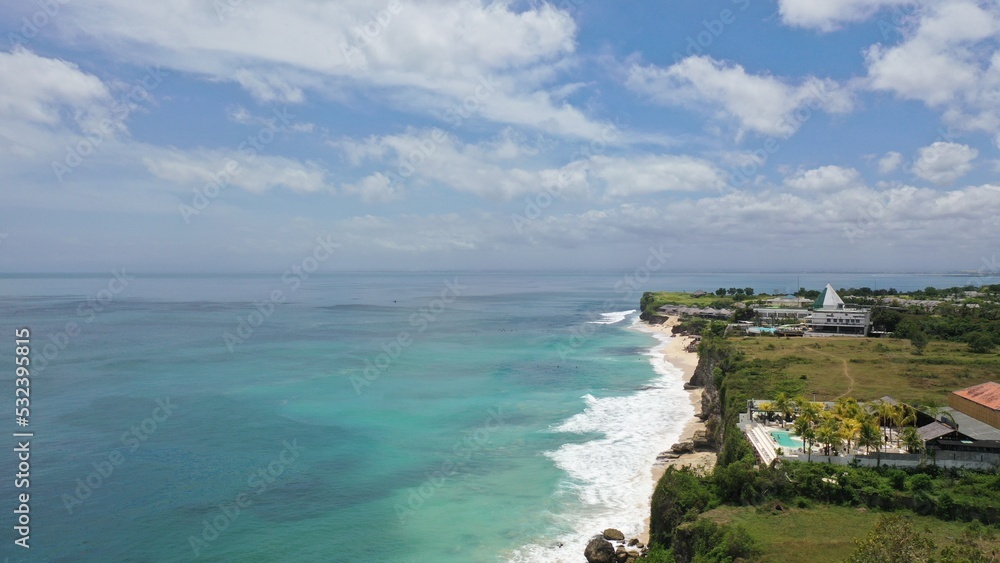 Aerial view of the blue ocean in Bali Island