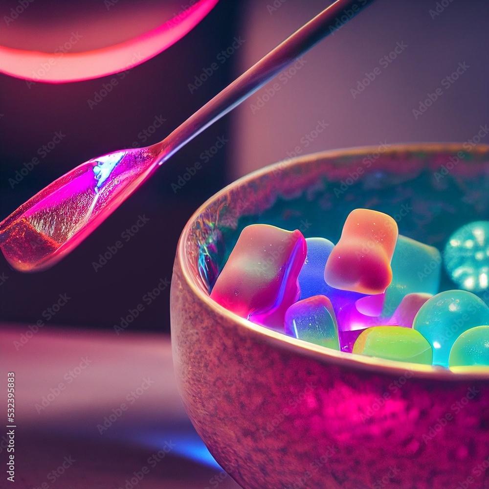 Neon gummies. Fluorescent gummy bears, glowing candies. Vibrant candies