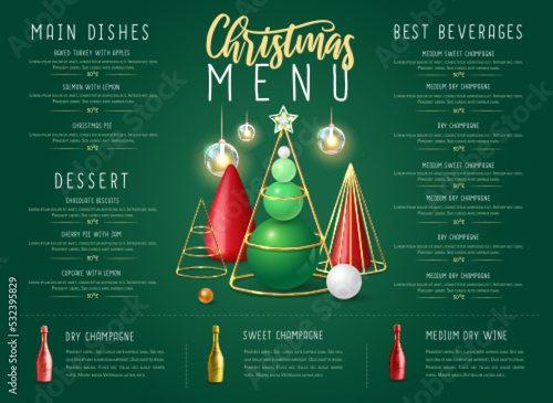 Christmas holiday restaurant menu design with realistic 3D plastic Christmas trees and champagne bottles. Vector illustration