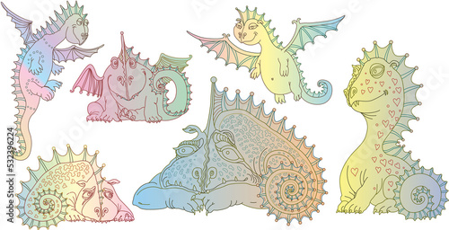 Fototapeta Naklejka Na Ścianę i Meble -  Set of funny cartoon pastel colored fairy tale dragons, isolated on transparent background