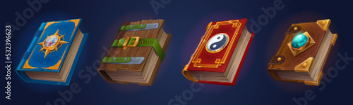 Old mystic books of magic spells, astrology and alchemy. Ancient witchcraft literature, antique grimoires and books with wooden and gold cover, vector cartoon illustration
