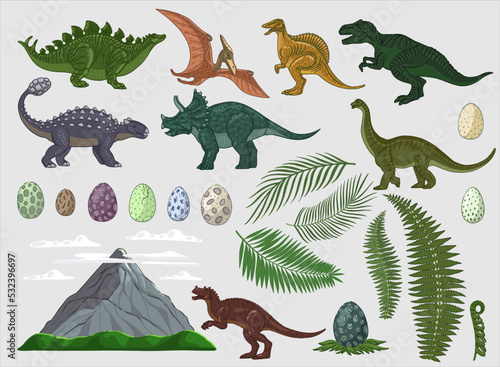 A large set on the theme of dinosaurs. Clipart of dinosaurs, eggs, ferns, palm leaves, volcano. Color illustrations in vintage retro style. Vector.