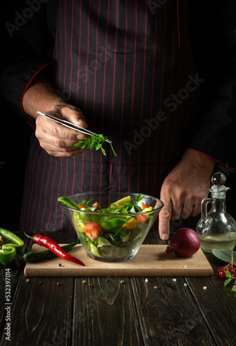 The chef cooks a delicious vegetable salad. Vegetarian food by hands of the cook in the kitchen. Menu idea for a hotel or restaurant