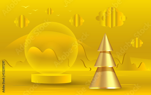 A golden landscape and an awards podium.
An empty space for your design. 3d image.