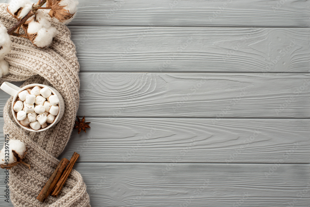 Winter atmosphere concept. Top view photo of mug of hot drinking with marshmallow cotton branch knitted scarf anise and cinnamon sticks on grey wooden desk background with copyspace Winter atmosphere concept. Top view photo of mug of hot drinking with marshmallow cotton branch knitted scarf anise and cinnamon sticks on grey wooden desk background with copyspace