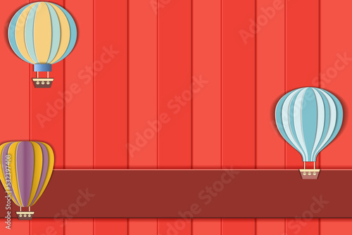 red background in the style of a paper-cut postcard with flying balloons