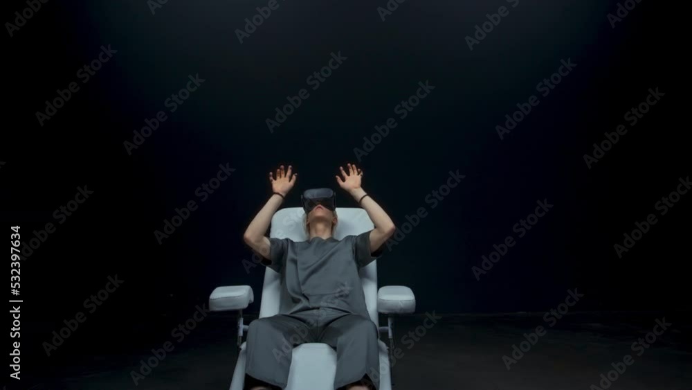 AI sensor man touch invisible display zoom out. Gamer gesturing in metaverse