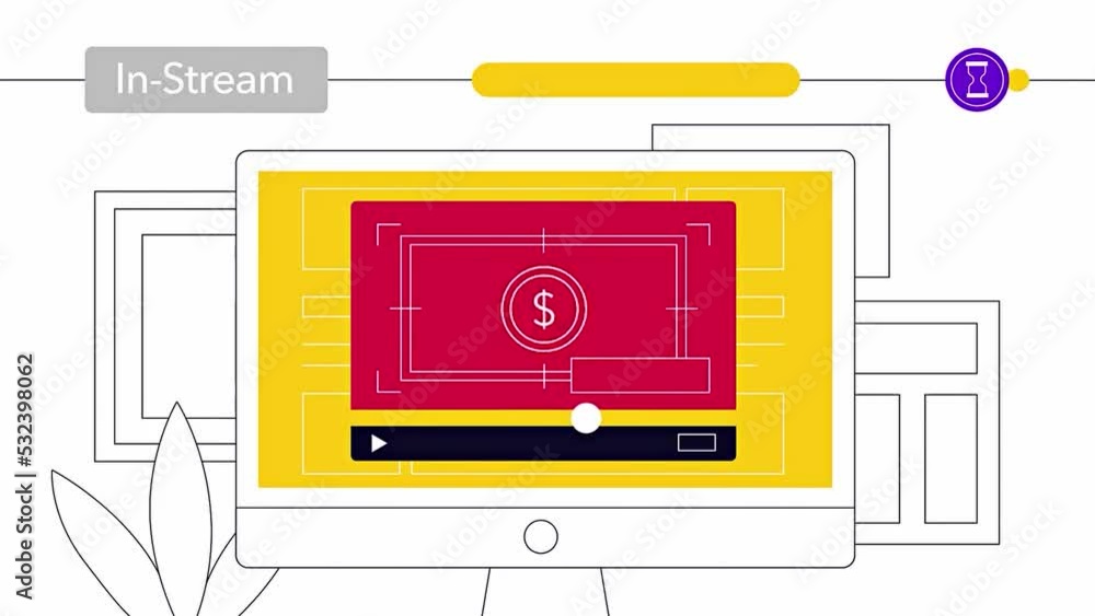 Video ad format in-stream, 5-second skip ad format. 2D.Rendered computer screen, flowers nearby, work area. Marketing and promotion Video ad format in-stream, 5-second skip ad format. 2D.Rendered computer screen, flowers nearby, work area. Marketing and promotion