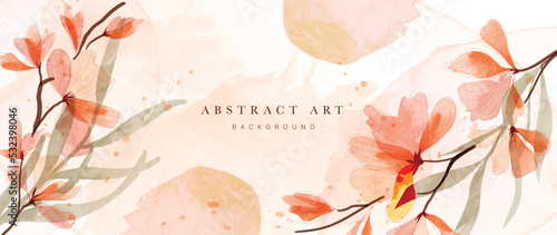 Floral in watercolor vector background. Luxury wallpaper design with magnolia  line art  tree branch  leaves  foliage. Elegant gold blossom flowers illustration suitable for fabric  prints  cover.