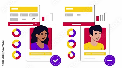 A young girl and a young guy, the target audience, divided into two groups.2D..Marketing.Young couple on the background of signs and reports Marketing and promotion