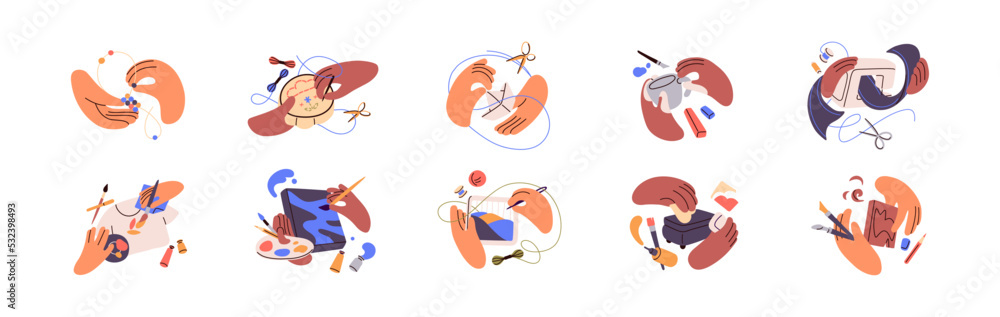 Fototapeta premium Hands during handicraft, DIY work, needlework set. Handmade art, handcraft. Creative hobbies of different craftwork, needlecraft, handiwork. Flat vector illustrations isolated on white background