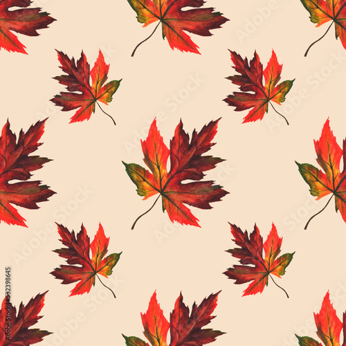 Watercolor maple leaves seamless pattern. Autumn seasonal orange colored leaves isolated on background.