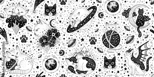 Gothic cat pattern. Esoteric galaxy anime background. Space weird animal vector seamless print. Abstract baby alchemy cat background. Occult backdrop horror art. Witch black creative halloween pattern