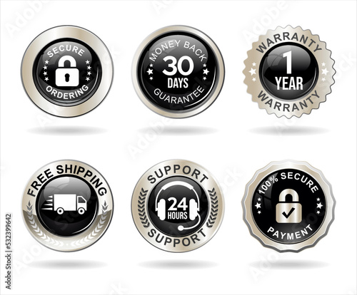 Collection of online shopping e-commerce various types of important silver badges isolated on white background