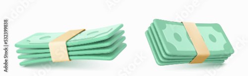 Paper money cash, bundles of dollar banknotes isolated on white background. 3d icons of bank currency, packs of green bills. Vector illustration of finance, economy, savings