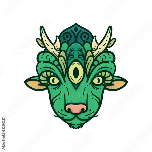 green three eye goat lamb monster mythology beast face design