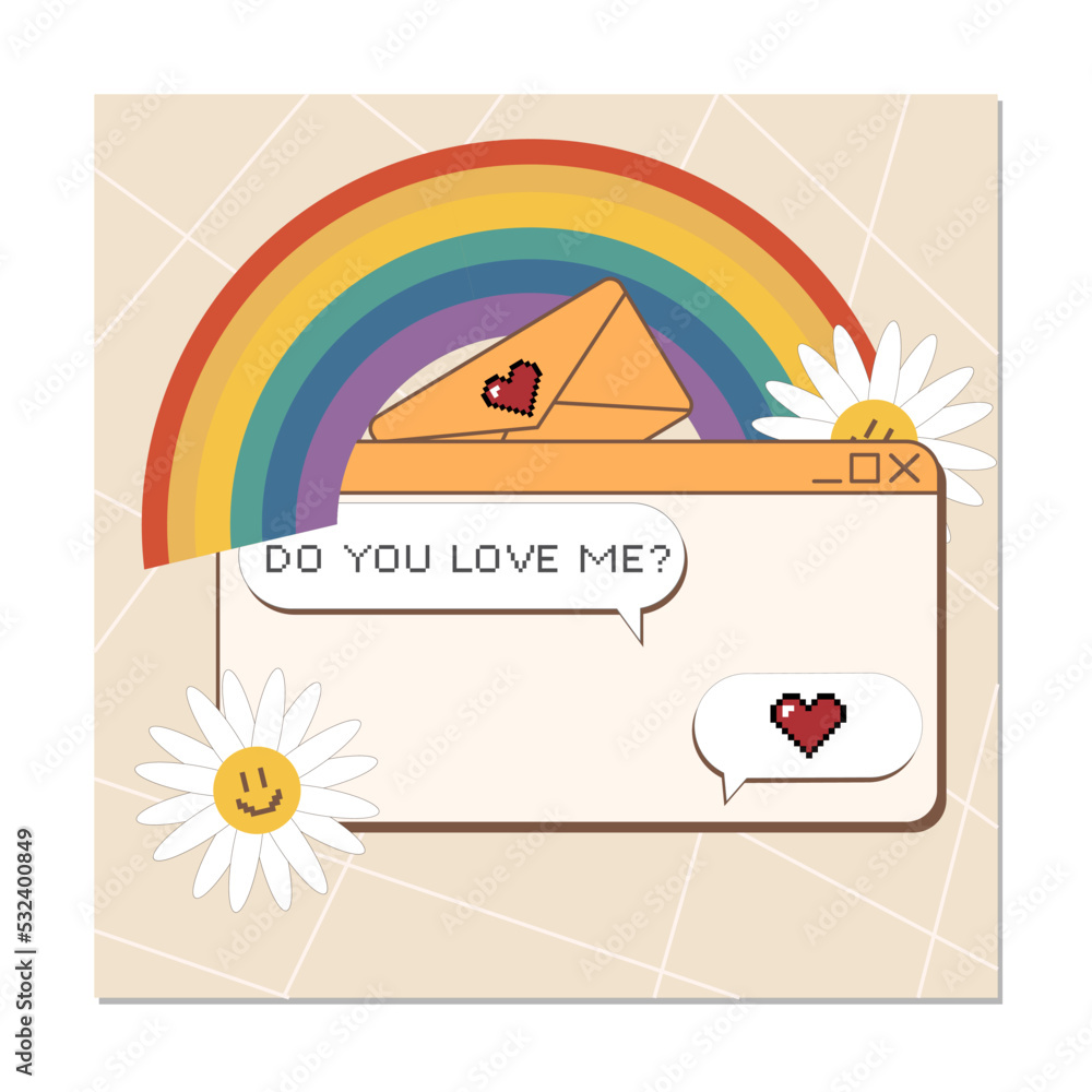 retro computer screen. correspondence, rainbow and letter with pixel heart