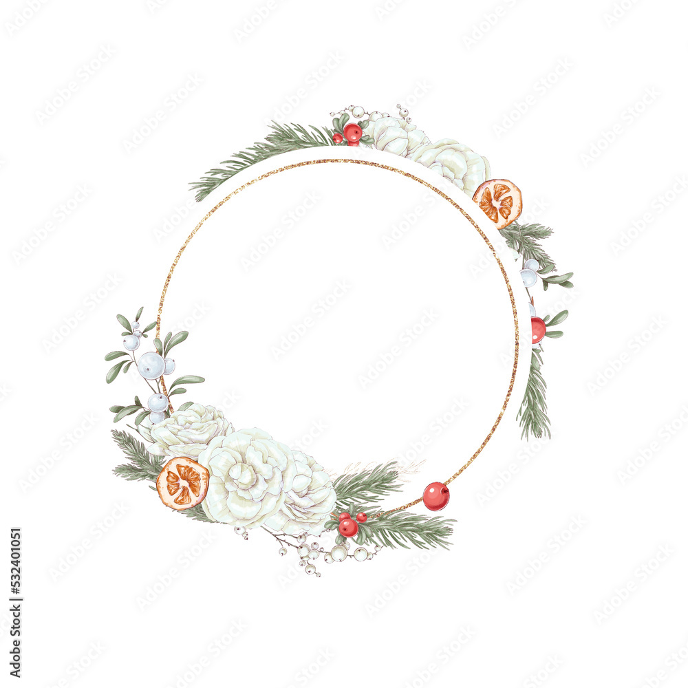 Illustration Christmas set golden frame of winter flowers, poinsettia, cotton and orange