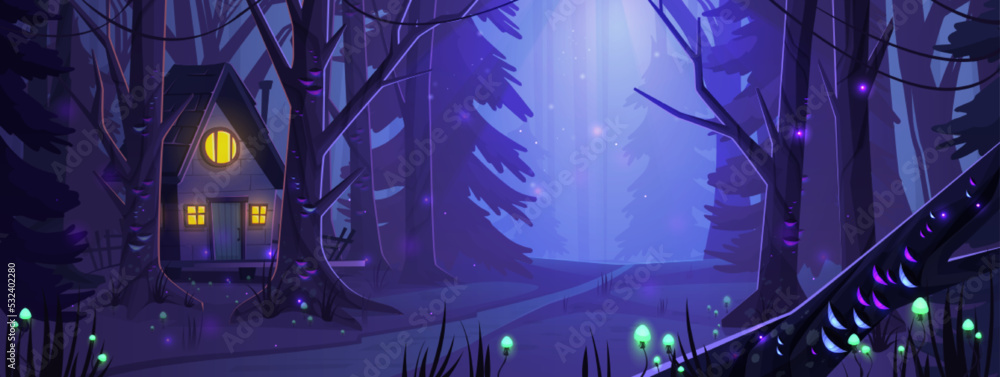 Witch house in dark wood with glowing mushrooms grow on trees and ground. Night forest landscape with old shack and fireflies flying around. Fantasy game mystic background, Cartoon vector illustration - obrazy, fototapety, plakaty 