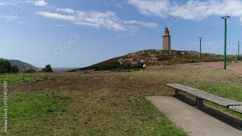 Aerial view Tower of Hercules and City. La Coruna Spain 4k