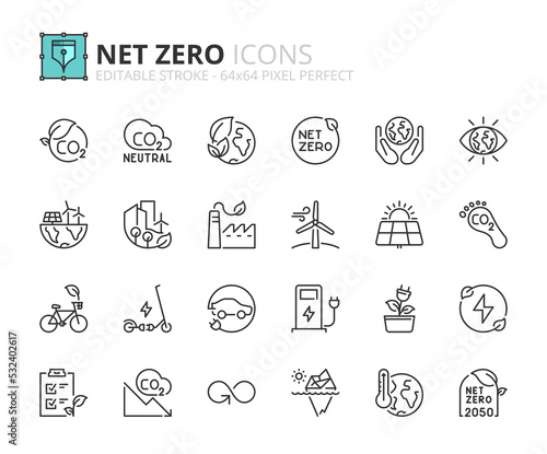 Simple set of outline icons about net zero. Sustainable development.