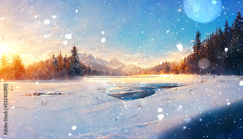  winter snowy forest and frozen lake snow flakes fall,pink sunset on blue sky and on horizon forest natire winter landscape  photo