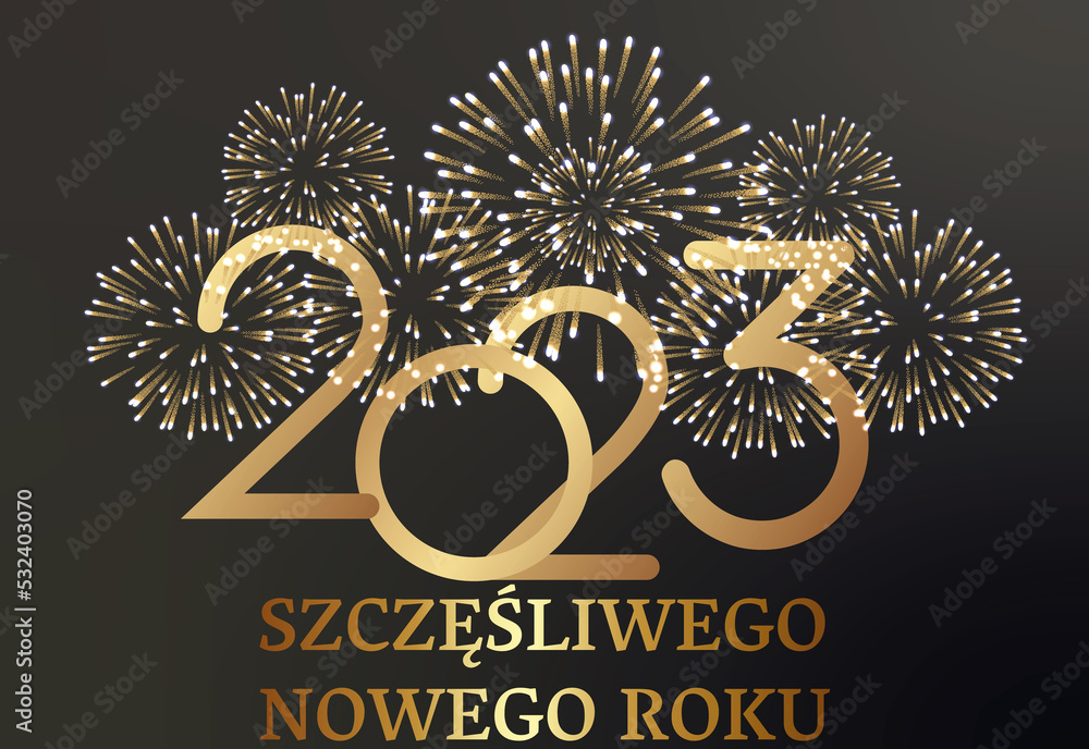 karta lub baner na szczęśliwego nowego roku 2023 w złocie z fajerwerkiem w złotym kolorze na czarno-szarym tle gradientowym - obrazy, fototapety, plakaty 