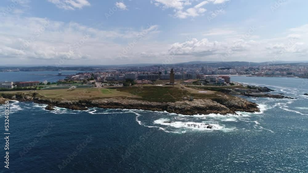Aerial view Tower of Hercules and City. La Coruna Spain 4k. Torre de Hércules Lighthouse Aerial view Tower of Hercules and City. La Coruna Spain 4k. Torre de Hércules Lighthouse