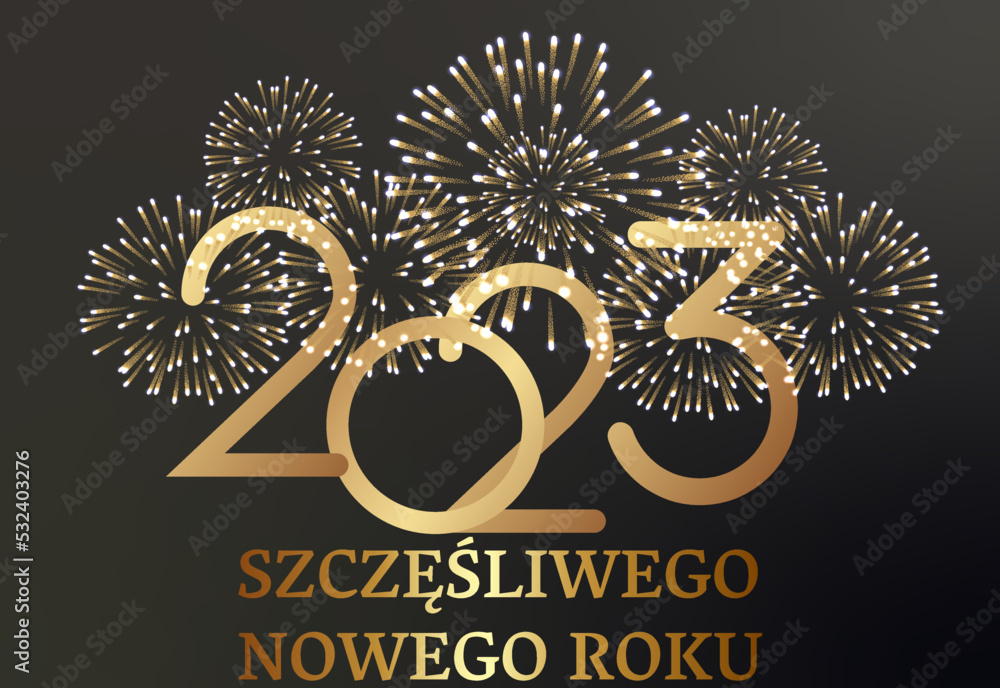 karta lub baner na szczęśliwego nowego roku 2023 w złocie z fajerwerkiem w złotym kolorze na czarno-szarym tle gradientowym - obrazy, fototapety, plakaty 
