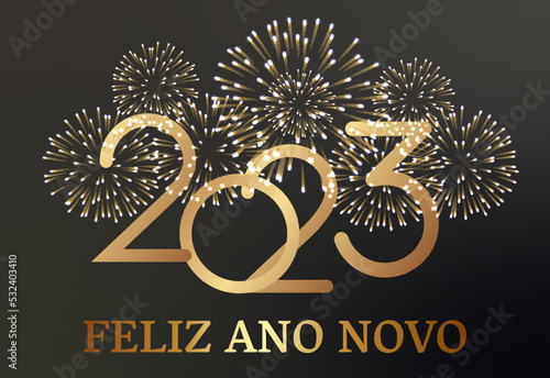 Canvas Print cartão ou banner no feliz ano novo 2023 em ouro com atrás de um fogo de artifíci