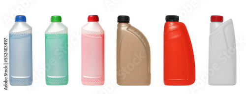 Set with different bottles of cleaning products on white background  banner design. Household chemicals