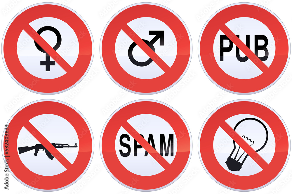 Collection of red and white circular prohibition signs with the crossed out symbol of the male, the female, a light bulb, automatic weapon, the wording spam and the wording pub (advertising in french) Collection of red and white circular prohibition signs with the crossed out symbol of the male, the female, a light bulb, automatic weapon, the wording spam and the wording pub (advertising in french)