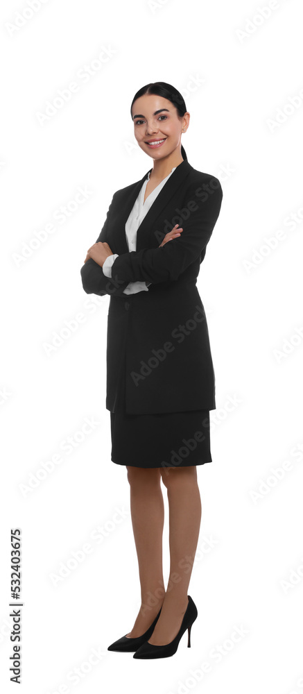 Full length portrait of hostess in uniform on white background