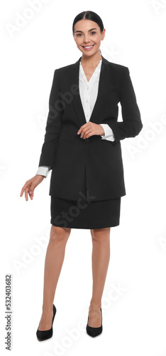 Full length portrait of hostess in uniform on white background