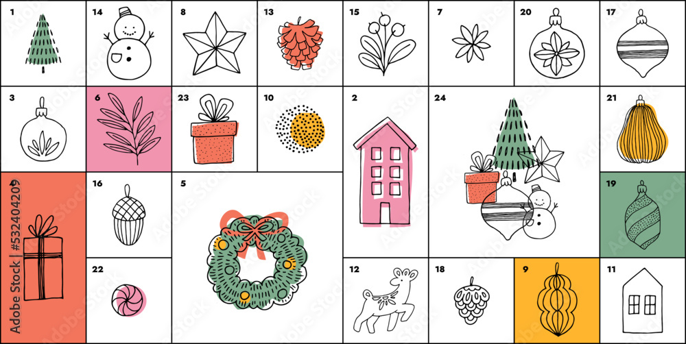December advent calendar. Christmas illustrations with the numbers. Gift calendar. December advent calendar. Christmas illustrations with the numbers. Gift calendar.