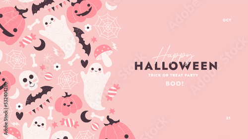 Cute pink halloween horizontal design template. Textured illustration of monsters. . Vector illustration