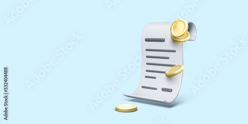 3D cash receipt in cartoon style icon. Paper bill with gold coin. Business design element for banners and posters