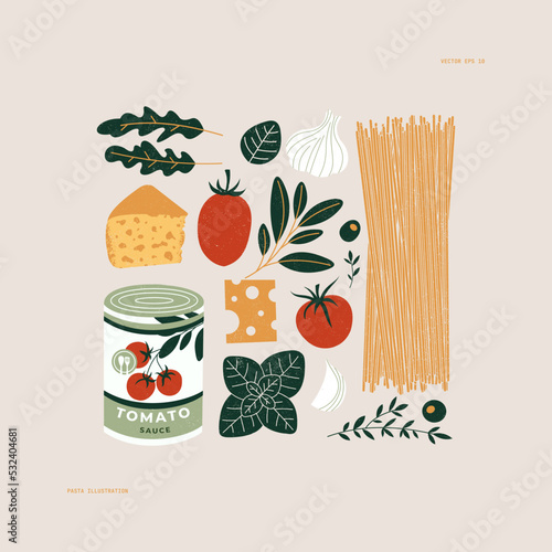 Italian pasta ingredients. Spaghetti recipe. Food textured composition. Vector illustration