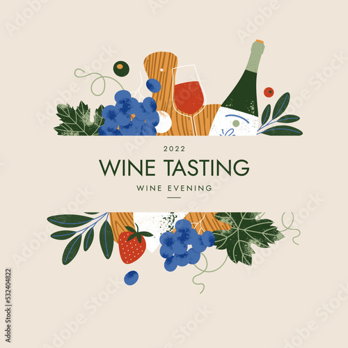 Assortment of wine appetizers. Vintage design template. Vector illustration