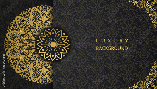 Decorative gorgeous beautiful greeting card. Gold vintage mandala background design. Design for invitation, wedding card, Diwali, decoration. India, Indian, Arabic, Damask, Asian, Turkish